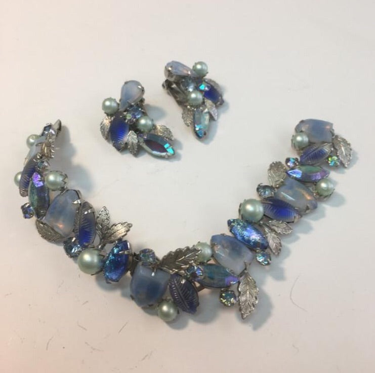 Vintage blue gray leaf bracelet & earring set - Sugar NY