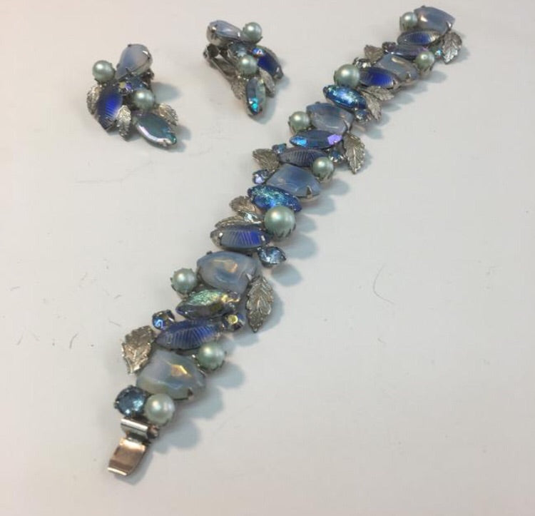 Vintage blue gray leaf bracelet & earring set - Sugar NY