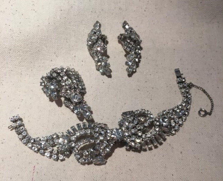 Vintage 1950s Rhinestone Bracelet Earrings & Brooch Set - Sugar NY