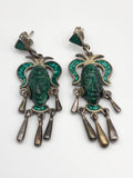 Sterling Silver Mexico Carved Malachite Face Mask Aztec Mayan Taxco Earrings