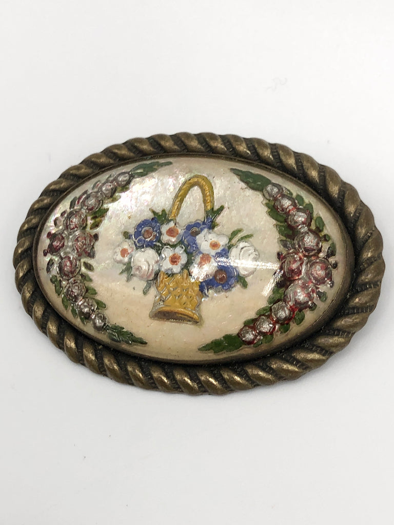 Antique hand painted reverse glass brooch pin