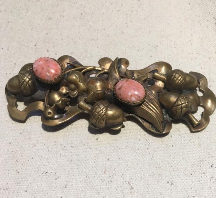 Vintage Art Nouveau Brass & Pink Marble Belt Buckle - Sugar NY