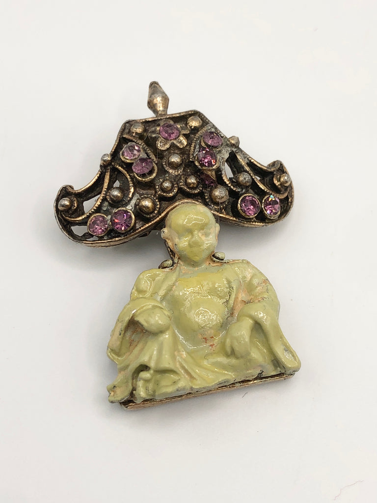 Vintage Rhinestone Enamel Buddha Man pin brooch