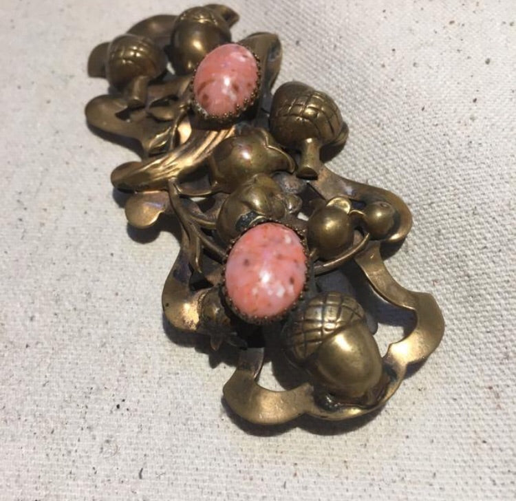 Vintage Art Nouveau Brass & Pink Marble Belt Buckle - Sugar NY