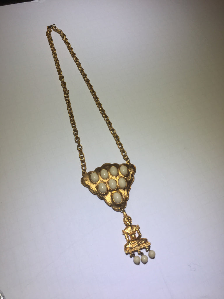 Vintage gold Buddha white beaded necklace - Sugar NY