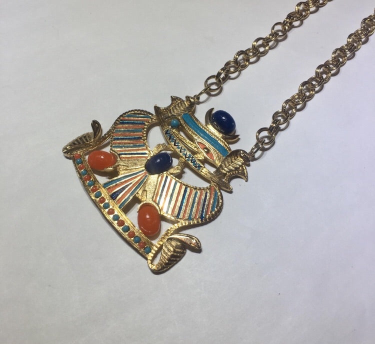 Vintage Egyptian Revival gold colored scarab chain necklace - Sugar NY