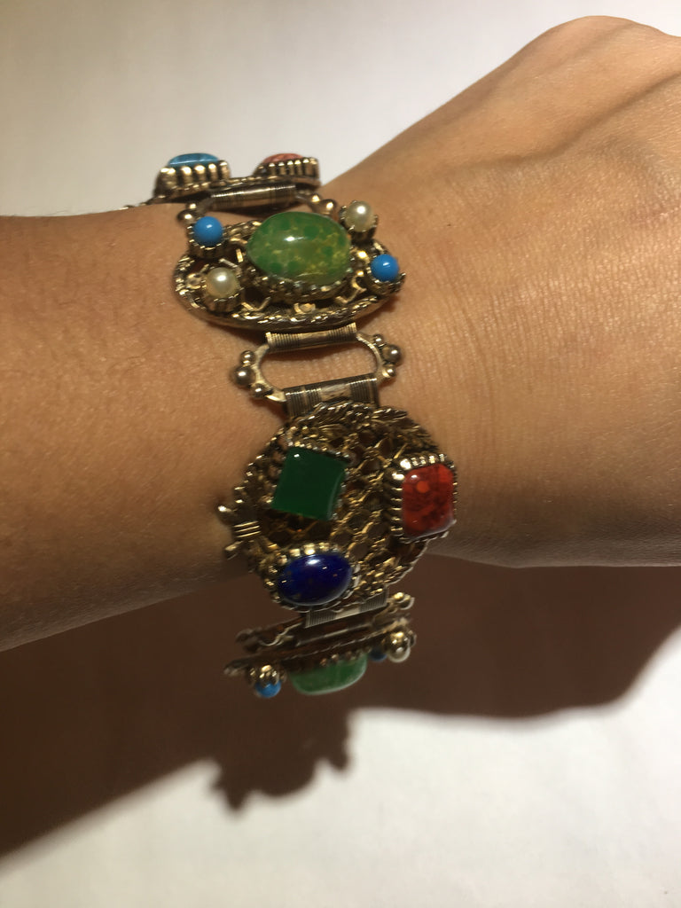 Vintage colorful stone gold book chain bracelet - Sugar NY